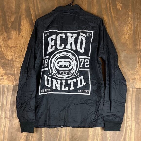 Ecko Unltd Mens Jacket Black White Y2K Windbreaker Snap Button Long Sleeve M - Picture 10 of 12
